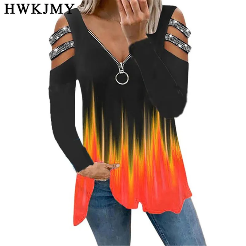 Женская одежда TEE женская большая большая с большой осенью на молнии с длинным рукавом повсеместные топы Femme отверстие из женских футболок плюс размер 220402
