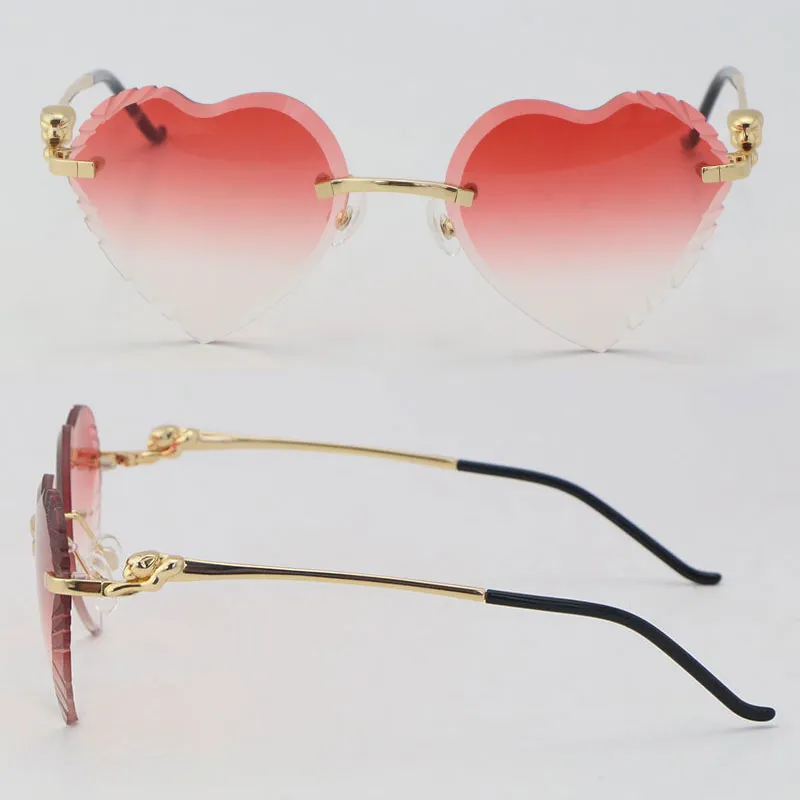 Yeni model kalp şekli yüz kenarsız metal güneş gözlükleri kadın çita serisi elmas kesim lens açık havada sürüş kırmızı lens gözlükleri desi283y