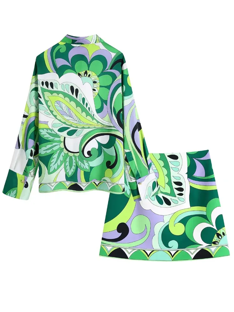 Traf Green Print Mini Skirts女性女性ハイウエストショートスカートスーツヴィンテージスリットファッションエレガントなスカートストリートウェア220701