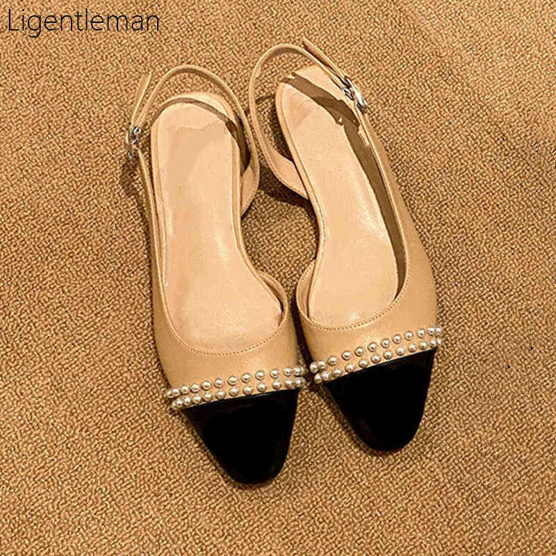 Klänning skor pärla sandaler kvinna grundläggande två färg splicing klassisk kedja arbete stor storlek låg häl mode kvinnor 220316
