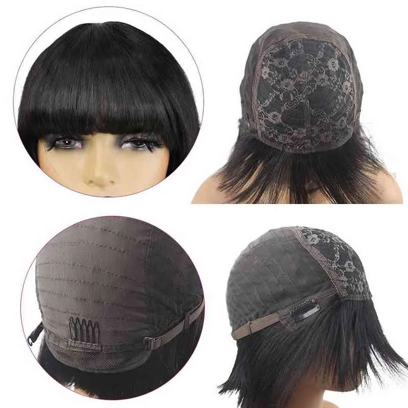 شعر مستعار مستقيم بوب مع Bangs Bone Remy Husy H For Women Brazilian Full Machine Made S Fringe 220609