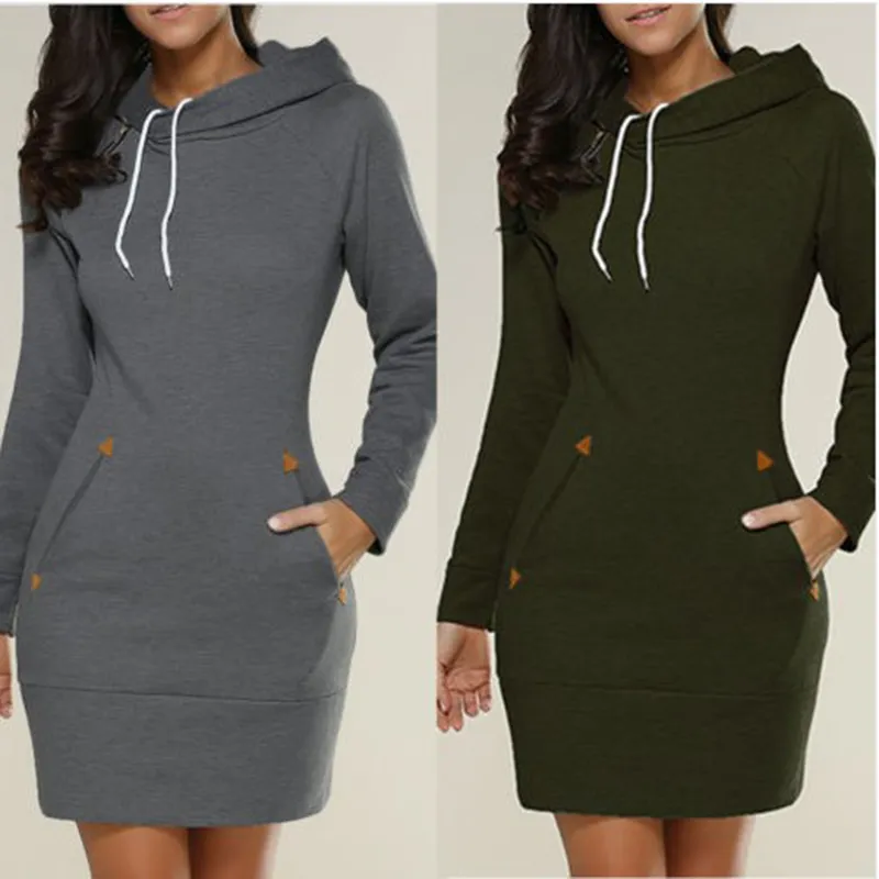 Spring And Autumn Ladies KneeLength Dress Hooded Warm Sweatshirt Long Sleeve Camp Collar Pocket Simple Casual Sports Dress 220811