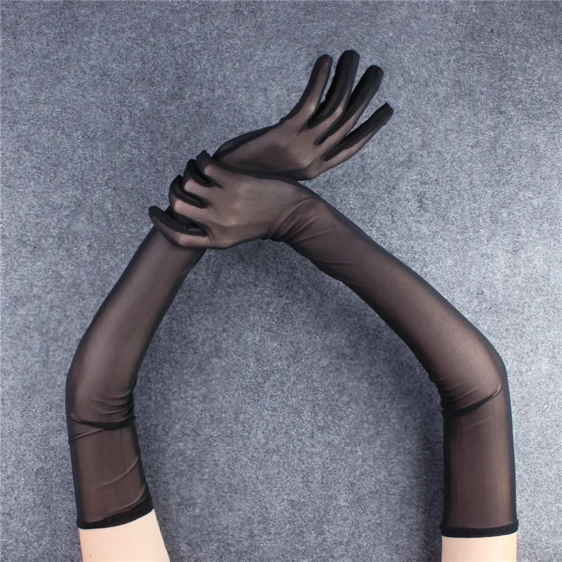 Dentelle sexy mince noir creux transparent longs gants doux respirant solide net yarn femme homme performance fête élasticité 220726