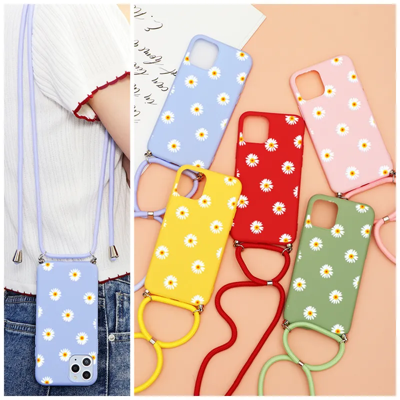 Soft TPU Cases For Xiaomi Poco X3 NFC F3 Mi 10T A3 9T Redmi Note 10 9 8T 8 7 Pro Lite 9S 9A 7A Necklace Lanyard Rope Daisy Cover