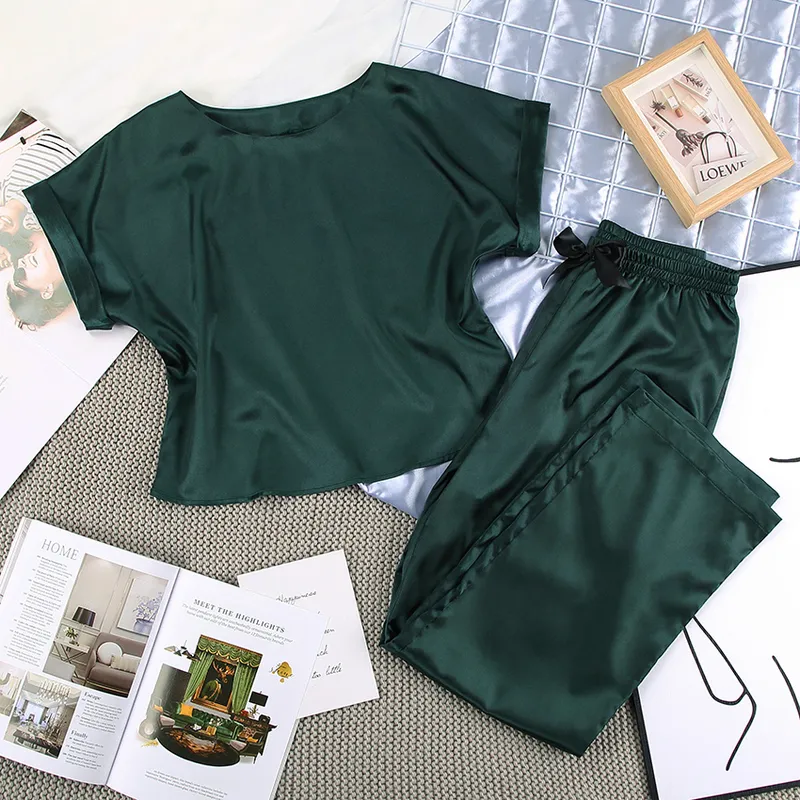 Hechan Green Brown Women Sleepwear 2 조각 세트 라운드 넥 짧은 소매 탑 단단한 느슨한 바지 새틴 홈 착용 캐주얼 정장 세트 220329