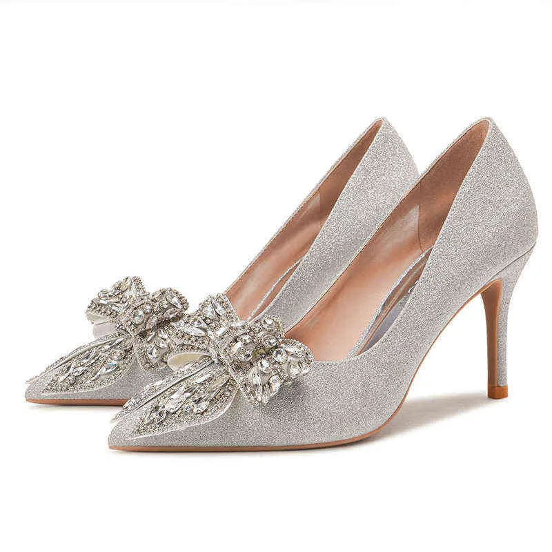 Luxury Wedding Shoes New Silver Rhinestone Bow Sequined High Heels Female Stiletto Bridal 220520