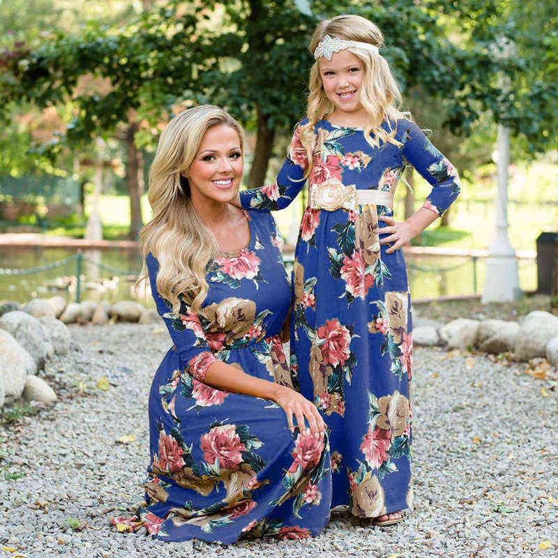 Long Sleeve Matching Mother Daughter Dress Clothes Floral Mommy And Me Family Look Long Dress Wedding Party Autumn Women Girl