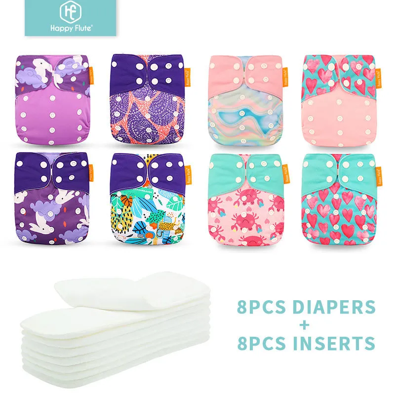 Happyflute 8 Diapers8 Ekler Bebek bez çocuk bezi bir beden ayarlanabilir yıkanabilir yeniden kullanılabilir bez bebek kızlar ve erkekler için 220720