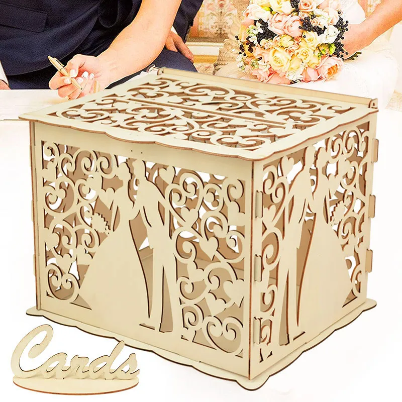 Other Festive Party Supplies Wooden Wedding Gifts Card Boxes With Lock Mr Mrs Couple Flower Pattern Envelope Sign Cards Wood Box DIY Rustic 220826