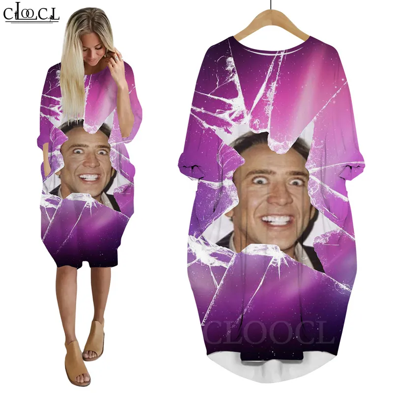 Kobiety sukienka Zabawny aktor Nicolas Cage 3d Print Lose Córka sukienki z długim rękawem Casual Streetwear Christmas Kieszonkową sukienkę W220616