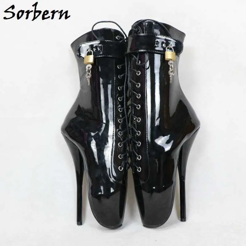 Sorbern Black Patent Ballet Stilettos Boots 발목 고 여성 신발 크로스 묶인 레이스 업 숙녀 부츠 큰 크기 44 부티 활주로