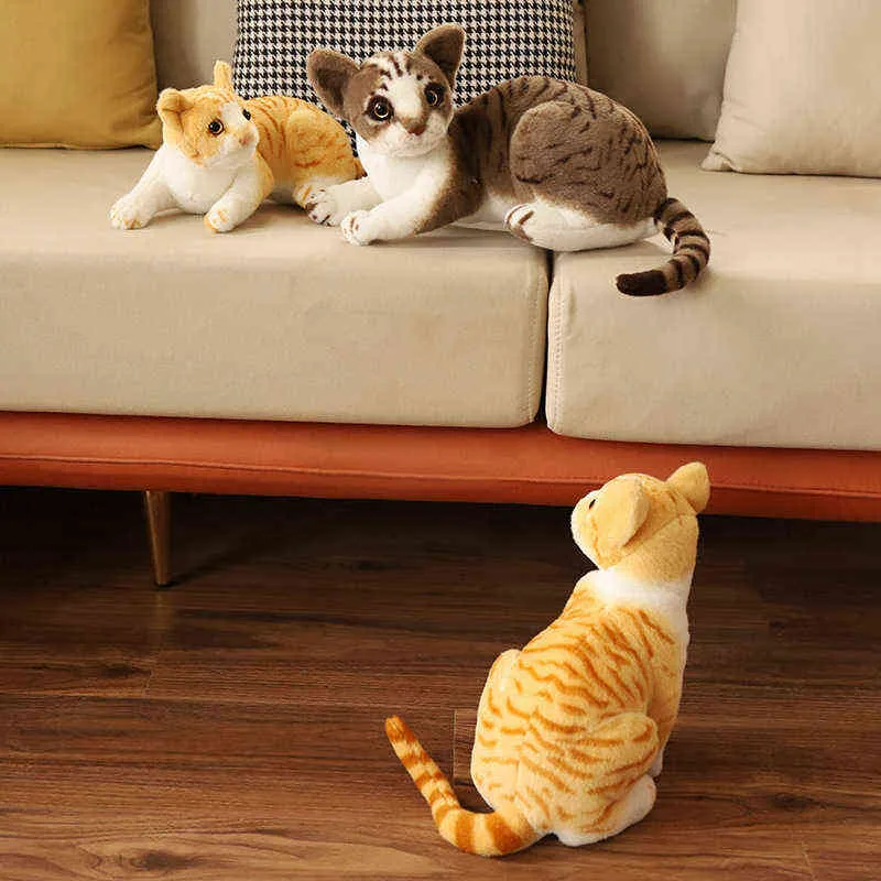 Nowe symulowane koty lalki jak prawdziwa śliczna pluszowa zabawka Brązowa żółta kolory leżące sit dzieciom pocieszający prezent na pluszę J220704