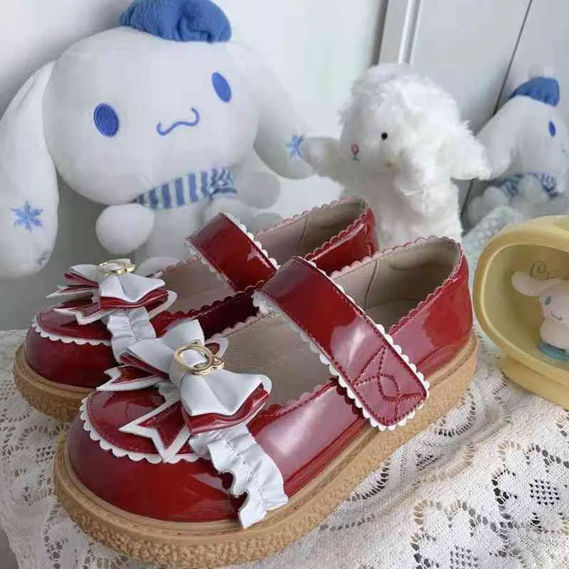 Dress scarpe Fashion Women Summer 2022 Red Mary Janes in stile giapponese Girls Patchwork Bow Bow Lolita Kawaii Hook Loop Sandals 220516