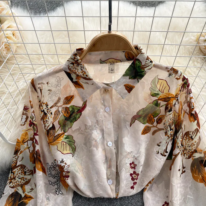 Spring Autumn Temperament Fashion Retro Chiffon Floral Blouses Print Loose Lapel Puff Sleeve Top GD611 Button Up Shirt Female 220407