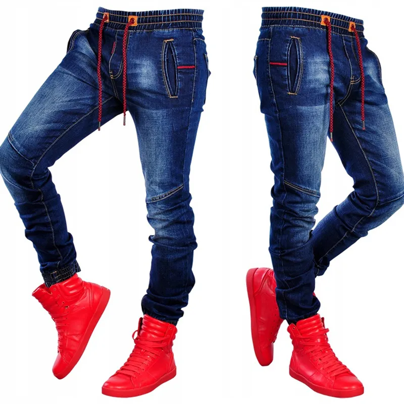 Mens LargeSize Jeans Elasticize Waist Tie Slim Casual Classic Blue Waist Stretch Joinable Fashion Simple Jeans Pants W220813