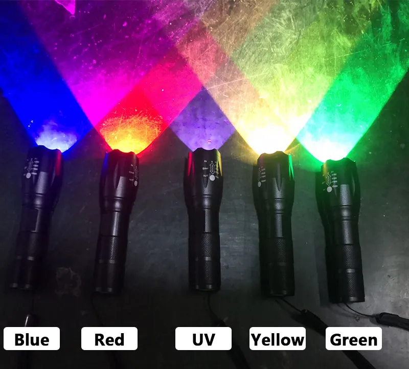 Nouveau 6 Couleurs Led Lampe De Poche UV Lumière Lanterne XM-L2 U3 T6 Tactique Zoomable Étanche Torche Blanc Jaune Rouge Vert Bleu pour Camping