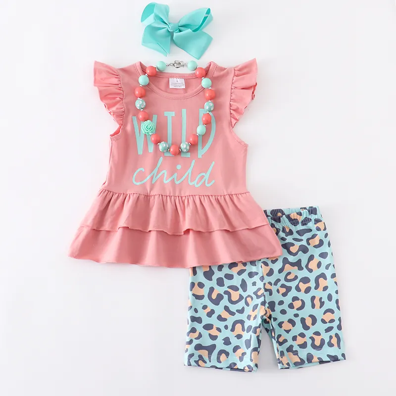 Girlymax SummerBaby Barge Children Chitle Shortsセットヒョウ牛の花の衣装フリルブティックキッズ服2206​​20