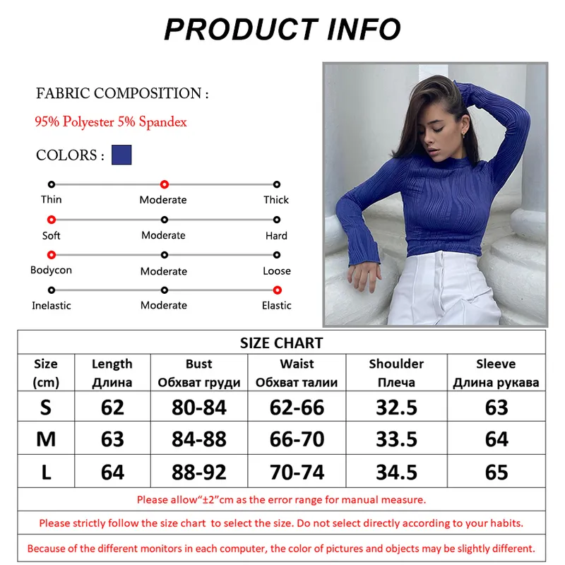 Mne18 Folds Chic Jersey T-shirt Blue Turtleneck Tops Zima Inside Casual Bodycon Tee Samice Streetwear z długim rękawem 220402