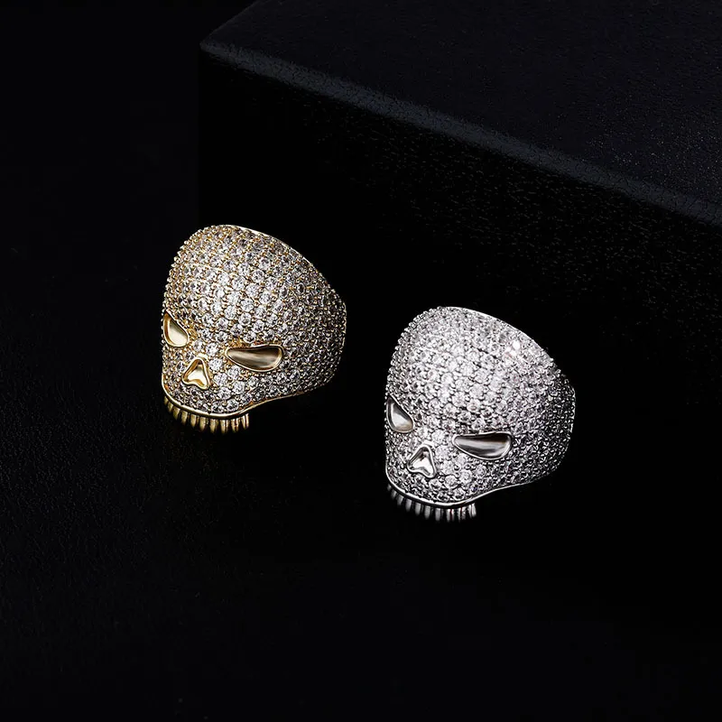 Bague crâne glacé pour hommes, bague en argent et or, haute qualité, diamant complet, Hip Hop, bijoux 261Q
