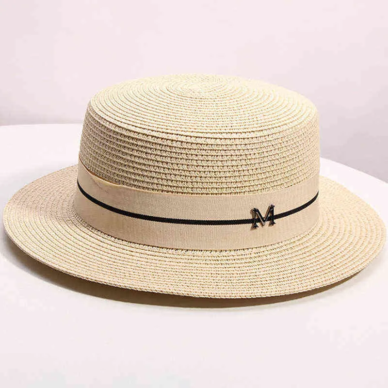 ビンテージレディースサンフェデラの帽子麦わら帽子調節可能なレトロゴールド編組帽子女性サンシェードフラットキャップm文字バイザー帽子G220301