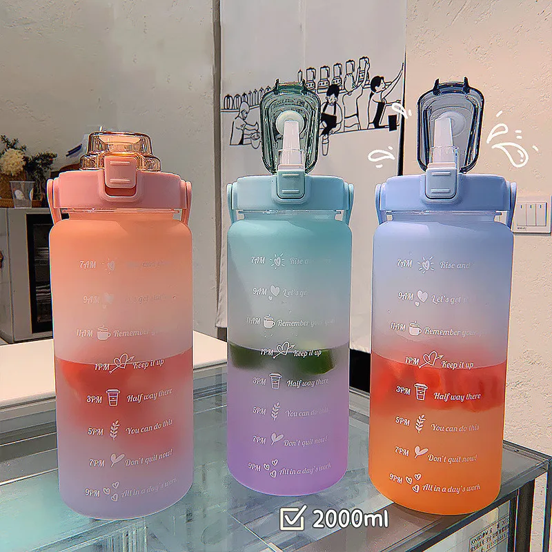 2L Large Capacity Water Bottle With Bounce Cover Time Scale Reminder Frosted Cup Cute Stickers For Outdoor Sports Fitness 220329