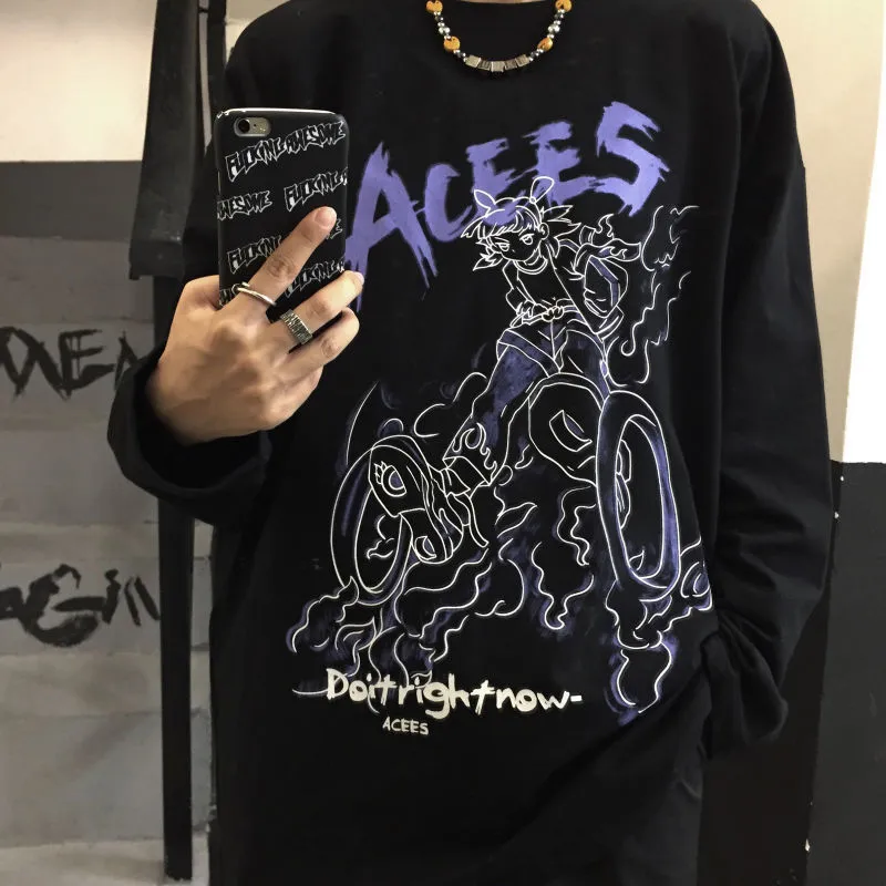 Harajuku T-shirts à manches longues Noir Gothique Dessin animé Rétro Imprimer Mode Lâche Streetwear Baggy Hip Hop BF Oversize Hommes T-shirts 220708