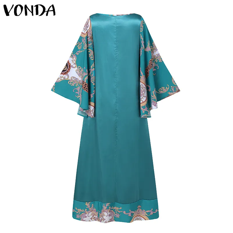Vintage Patchwork Dress VONDA Women Flare Sleeve Vintage Printed Maxi Dress Loose Elegant Sundress Lady Vestidos Femme Robe 220615