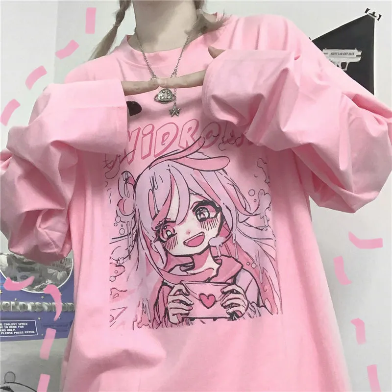 Womwn T-shirt Long Sleeve Female Soft Girl Japanese Cute Anime Print Autumn Loose Student Top Streetwear 220321
