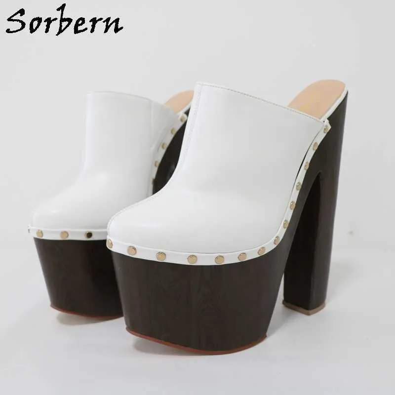 Sorbern Punk Brown Women Slippers Mules High Heels Gold Rivets Closed Toe Shoe Chunky Heeled Female Slides Custom Colors