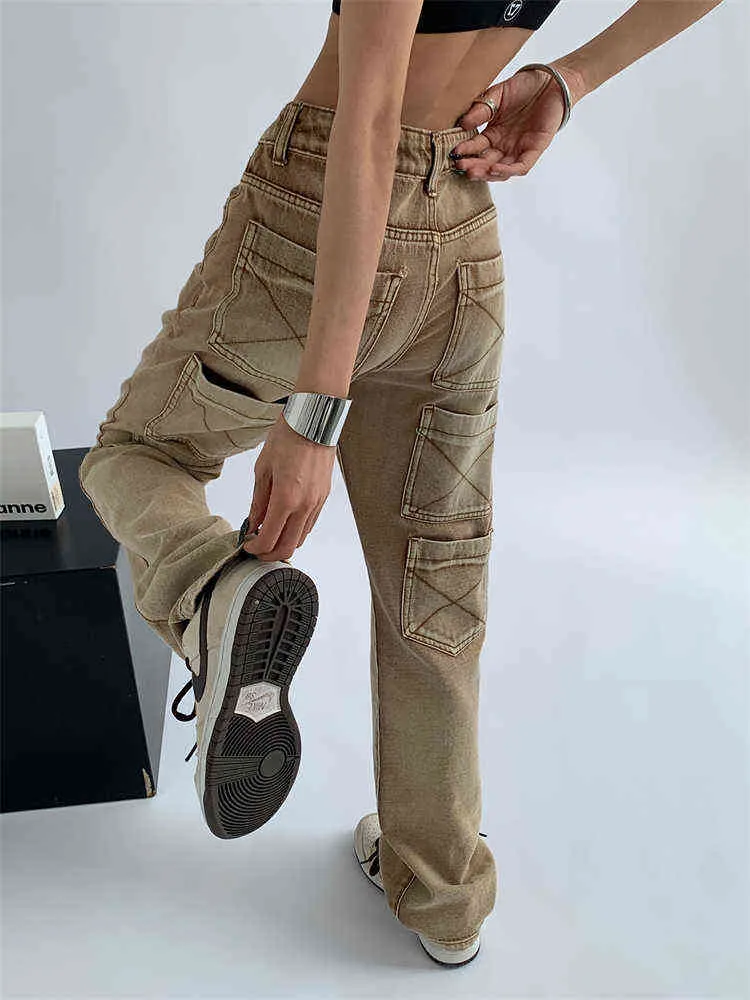 American Retro Pocket Khaki Jeans Women's Spring and Summer New Street Design Neutral Loose Straight Denim Trousers Female Pants T220728
