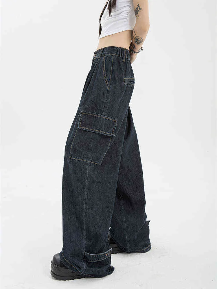 Niebieskie multi-kieszeni dżinsowe spodnie dżinsowe Summer Nowy retro American Loose Design High talia Prosta szeroka noga jeansy T220728