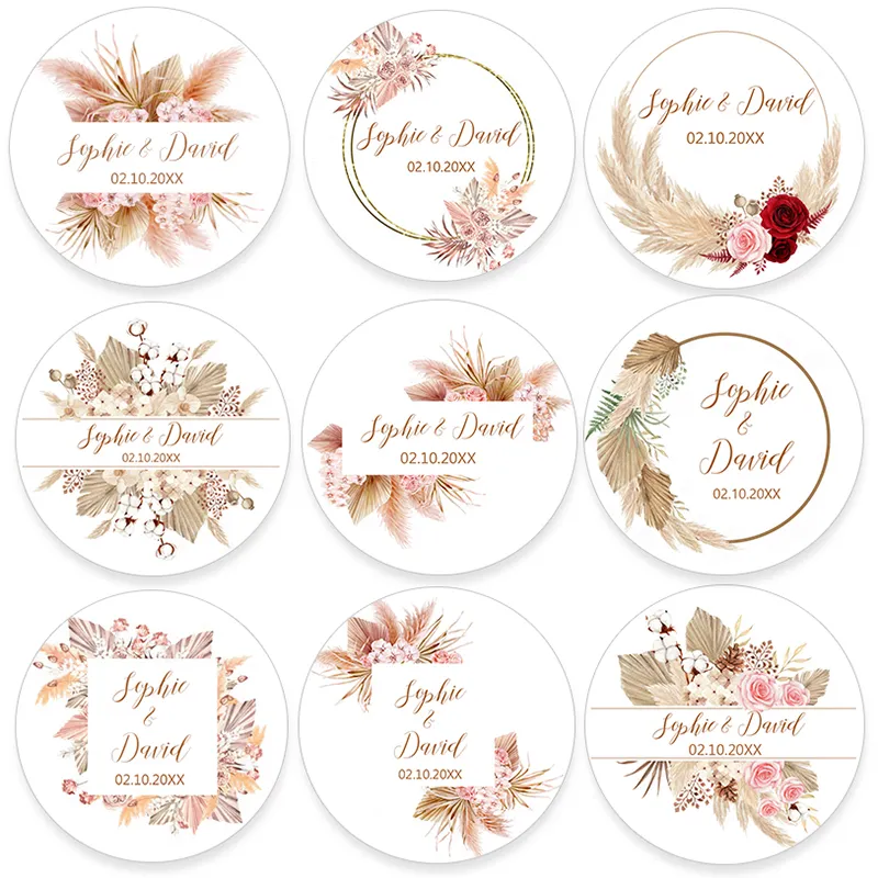 Pampas Grass Custom Name Date Round Circle Label Personalized Thank You Stickers for Bridal Shower Party Favors 220613