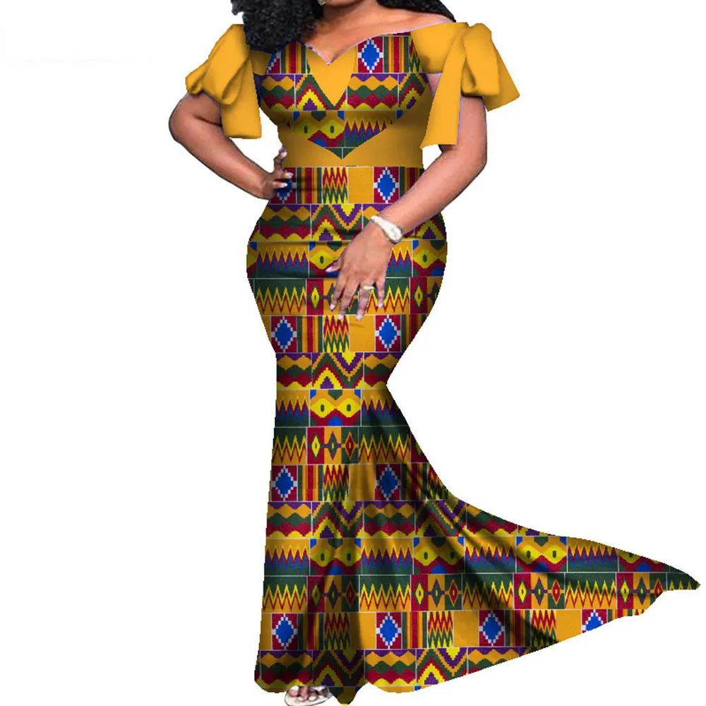 BintaRealWax African Women Wedding Clothing with Heart Shape Slash Neck Dress Fashion Lady Elegant Wax Print Cotton Dresses WY7965