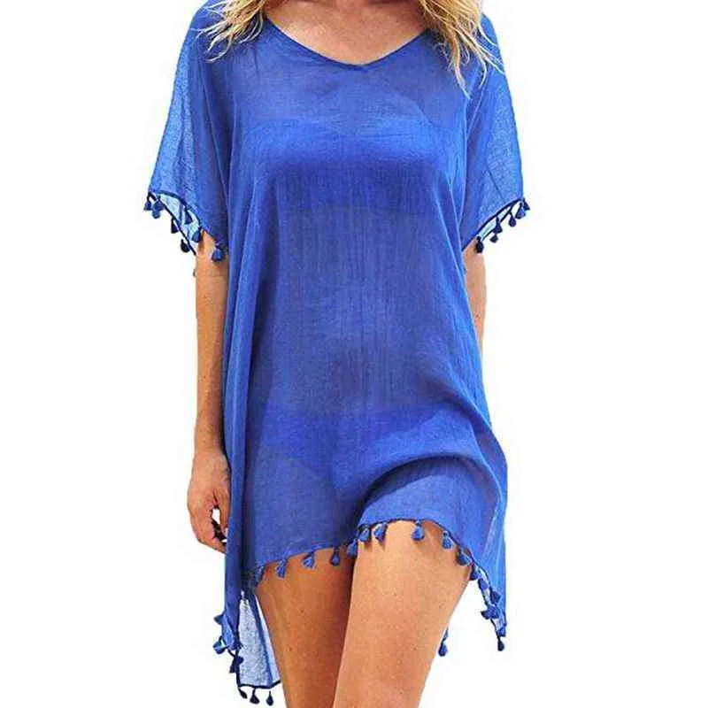 Hirigin Women Dress Sexy Tassels Chiffon Beach Swimsuit Cover Up Pareo Cap Swimwear Swimsuits Summer Mini Dress Loose Solid Ups Y220526