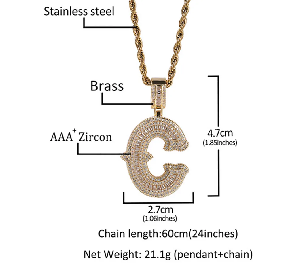 Personalized Custom Spike Baguette Letter Pendant Necklace Micro Paved CZ Name Charms Fashion Hiphop Jewelry2359