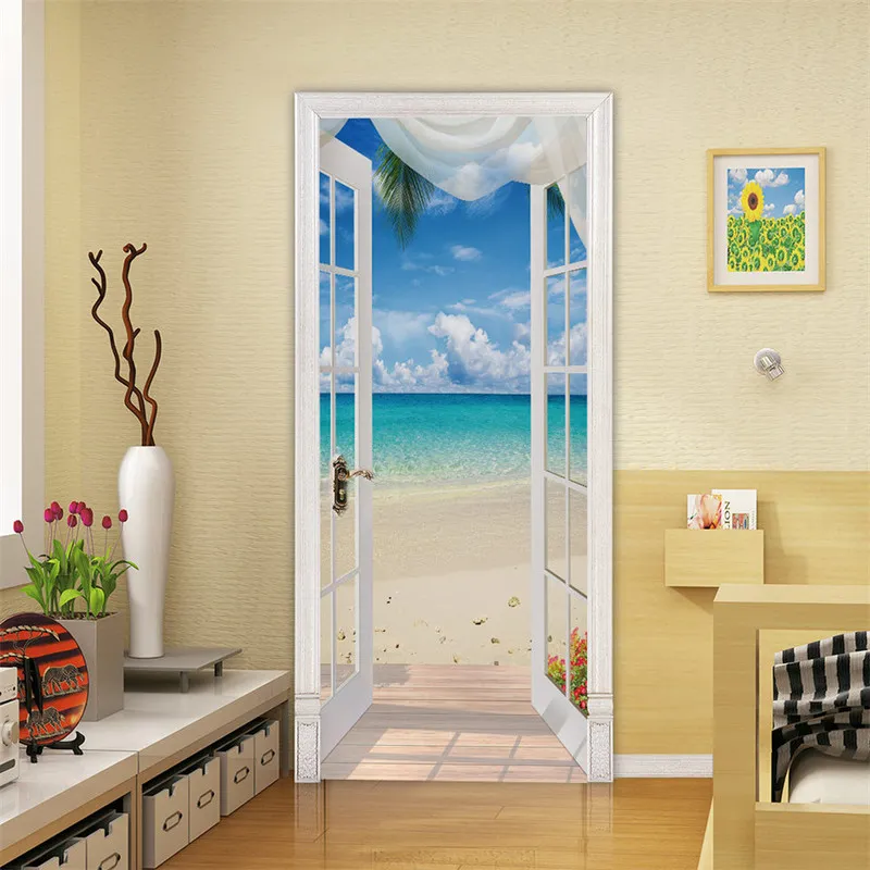 Beach Sun Auto Adesivo Porta Parede Papel de parede 3d PVC Design de decoração de decoração de decoração de cenário de cenário Decalques de parede mural Deursticker 220716