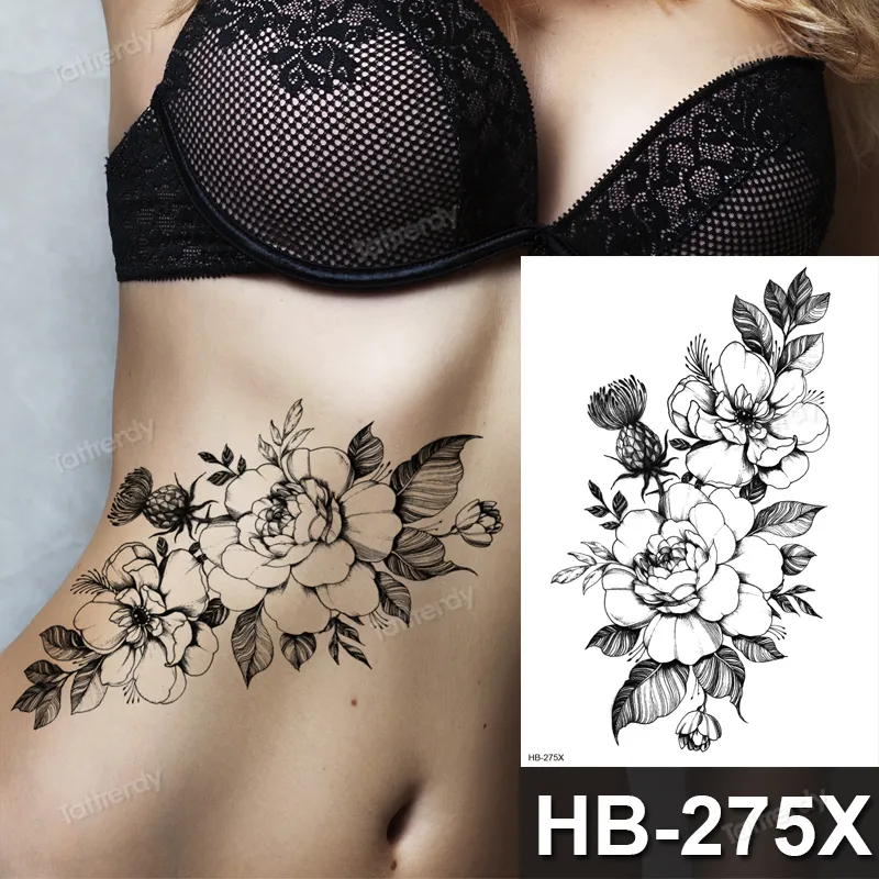 Tattoo Sticker Flower Big Body Art Waterproof Temporary Sexy Thigh s For Woman Fake Water Black Sketch Line Sleeve 2205147420182