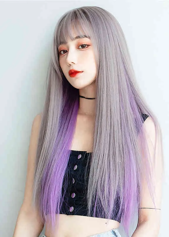 As Purple Ombre Straight Synthetic Wig for Woman with Bangs Gray Purplecosplay Wigs Long Lolita Natural Hair Heat Resistant 220622