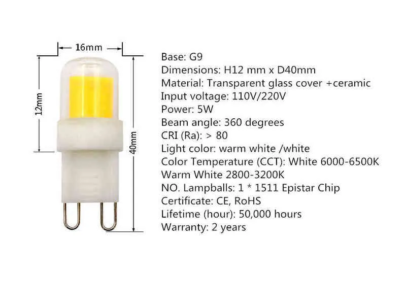 DIMMABLE G9 LED Ampoule 5W AC 110V 220V COB 1511 Lampe à LED pour Lustre Machine à Coudre H220428