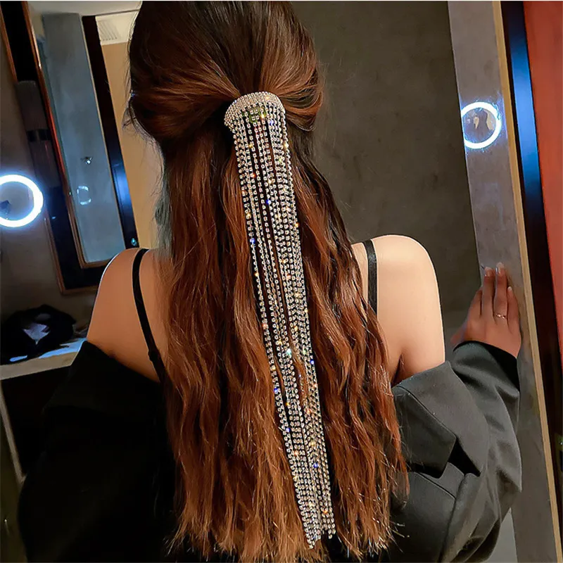 FYUAN Shine Full rhinestones Hairpins for Women Bijoux Long Tassel Crystal Hair Accessories Wedding Banquet Jewelry 2206302535086