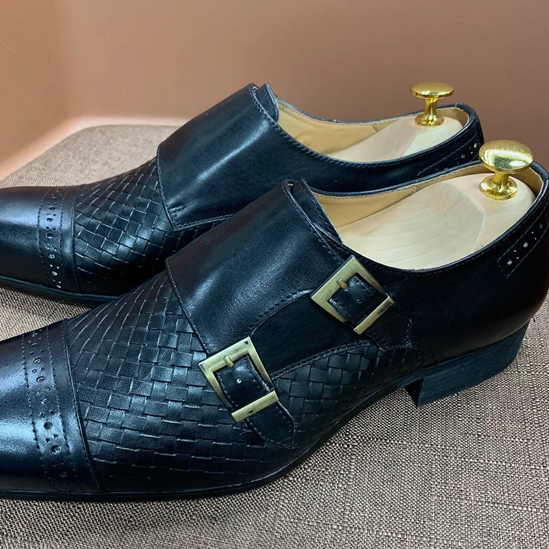 Luxo Classic Classic Mens Vestido de noiva Tanete de noiva preto azul real Monk fivela tira pontuda de toe oxford loafer sapatos para homens 220727