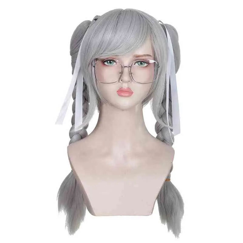 fgywigs 애니메이션 Danganronpa Dangan Ronpa Peko Pekoyama zilver en wit dubbele paardenstaart gevlochten cosplay 할로윈 합성 9448386