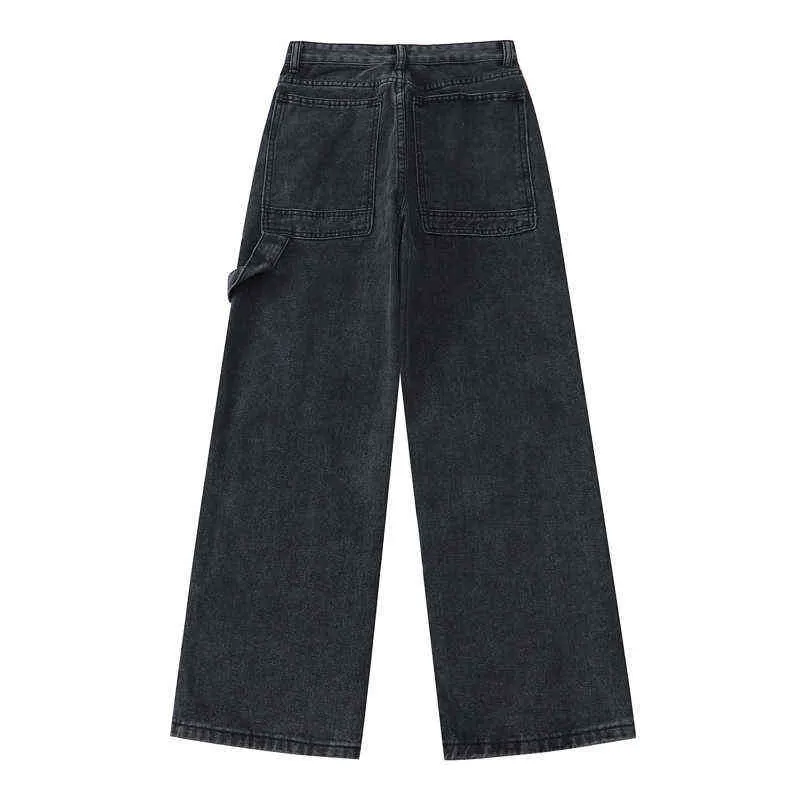Damen Jeans mit hoher Taille, lässige Overalls, Retro, gerade, Frühling, einfarbig, einfach, locker, weites Bein, weibliche Hose, Neutral, Hip Hop T220728