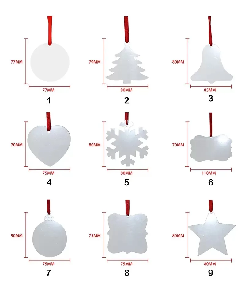 Ornement vierge de sublimation de Noël Double face Pendentif d'arbre de Noël Plaque d'aluminium multi-forme Étiquette suspendue en métal Vacances Decorati244G