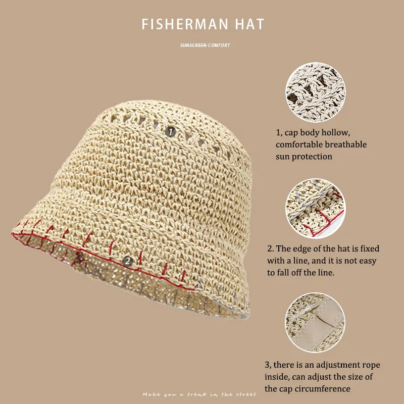 Cappello da secchio paglia di carta Ladies all'uncinetto traspirante Panama Edge Stitch Design Bob Fishing Caps Girls Summer UV Beach Hat 220511