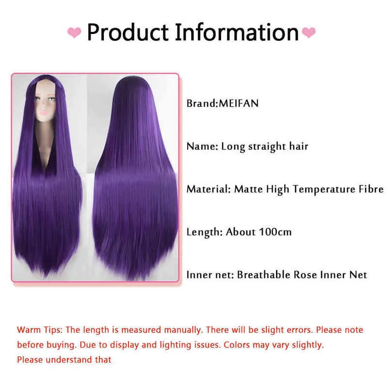 Meifan Synthetic Lolita Cosplay Wig Blonde Blue Red Pink Green Purple Hair for Party 100cm Straight Wigs Women 220622