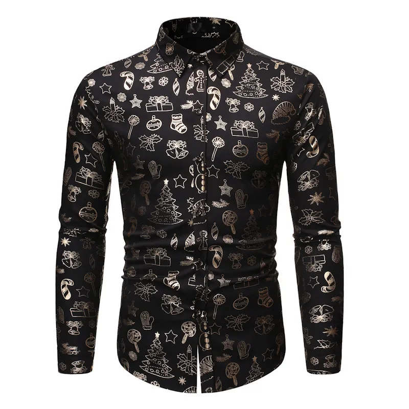 Camisas de vestir con botones de manga larga informal para hombre Tops Camisa de Navidad con estampado floral negro brillante Camisa informal de negocios para hombre 220516