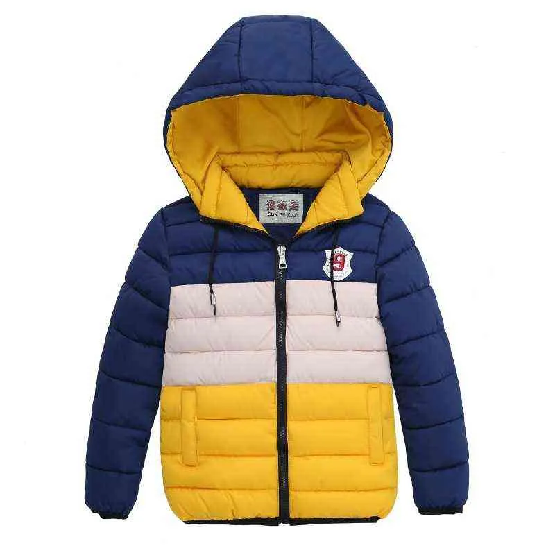 2022新しい冬の濃い温かいフード付きボーイズジャケットファッションストライプジッパーダウンアウターウェア2〜8歳の子供の誕生日プレゼントJ220718