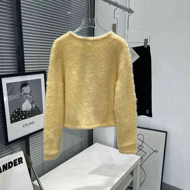 autunno giallo limone girocollo bottone dorato cardigan lavorato a maglia mohair camicetta stile celebrità sottile da donna