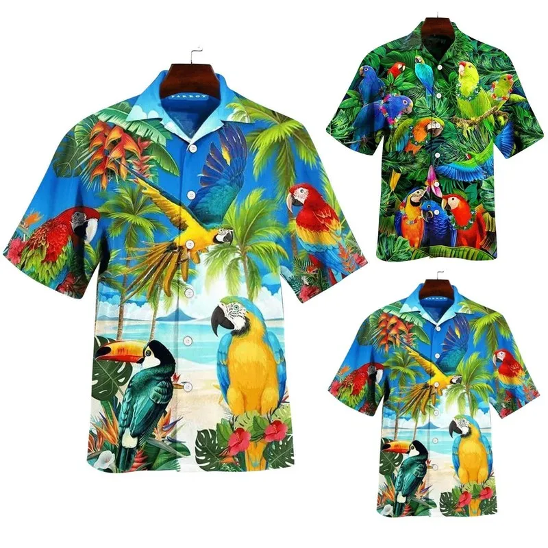 Animal Parrot Print Patchwork Fashion Men Hawaiian Camise